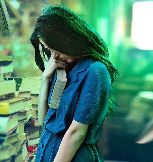 girl, afraid, library